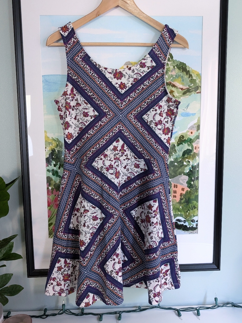 Navy and White Sleeveless Geometric Floral Fit & Flare Dress